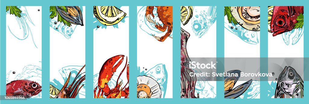 Set of seafood backgrounds. Set of cards with seafood on white background. Vector paper illustration. Seafood stock vector