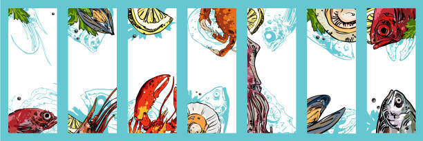 Set of seafood backgrounds. Set of cards with seafood on white background. Vector paper illustration. seafood stock illustrations