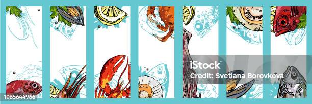 Set Of Seafood Backgrounds Stock Illustration - Download Image Now - Seafood, Backgrounds, Lobster - Seafood