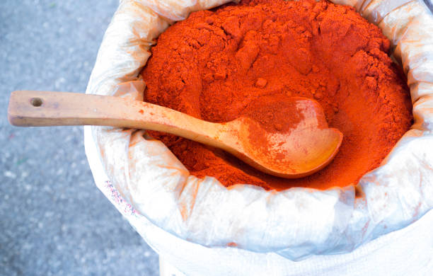 Pimenton de la Vera, Spain Famous Smoked Paprika. Powder on sack ready to sell on market stall. Extremadura, Spain