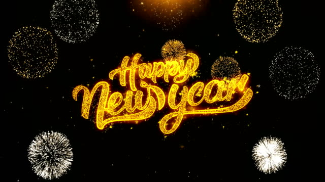 Happy new year text Sparks Particles Reveal from Golden Firework Display explosion 4K. Greeting card, Celebration, Party Invitation, calendar, Gift, Events, Message, Holiday, Wishes Festival .