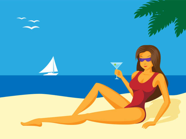 illustrazioni stock, clip art, cartoni animati e icone di tendenza di lady sulla spiaggia - nautical vessel women human hair yacht