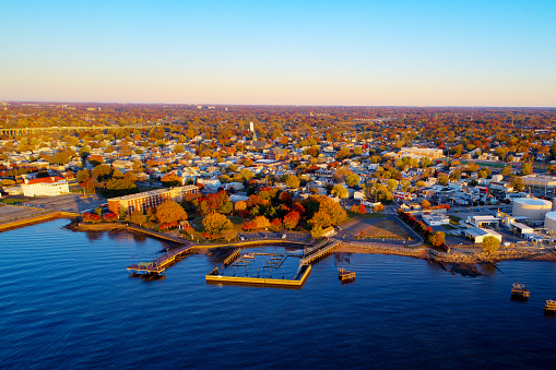 Aerial View of Small Town along Delaware River New Jersey with Fall Colors