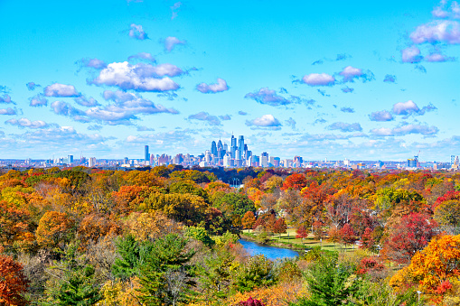 Aerial View Of Center City Philadelphia PA with Fall Colors