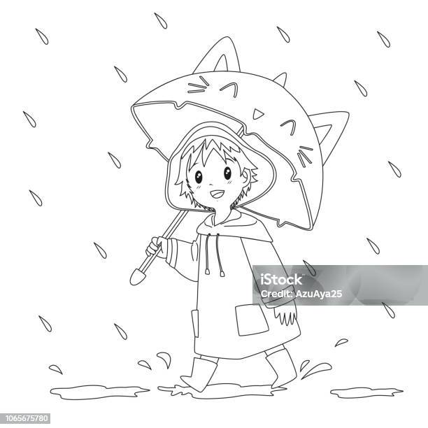 Little Boy Under The Rain Coloring Page Vector Stock Illustration - Download Image Now - Activity, Boot, Boys