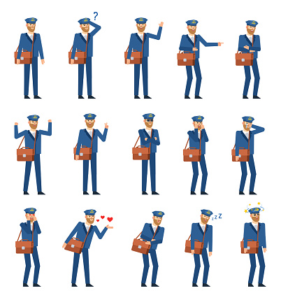 Crying Postman Set Of Postman Characters Showing Various Emotions Mailman Thinking ...