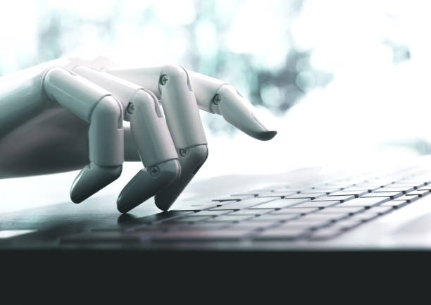 concept de robot ou robot main chatbot appuyant sur clavier d’ordinateur entrez - clavier dordinateur photos et images de collection