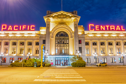 Pacific Central Station railway station in downtown Vancouver British Columbia Canada illuminated in the evening.