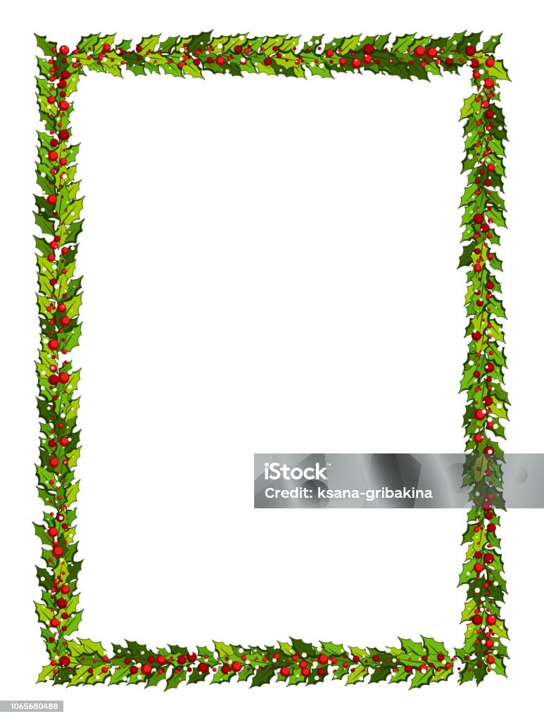 Decoraciones de Navidad con hojas de acebo y bayas rojas. Marco vertical con espacio de copia, - arte vectorial de Borde libre de derechos