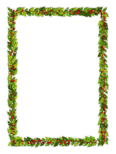 illustrazioni stock, clip art, cartoni animati e icone di tendenza di decorazioni natalizie con foglie di agrifoglio e bacche rosse. cornice verticale con spazio di copia, - christmas frame wreath garland