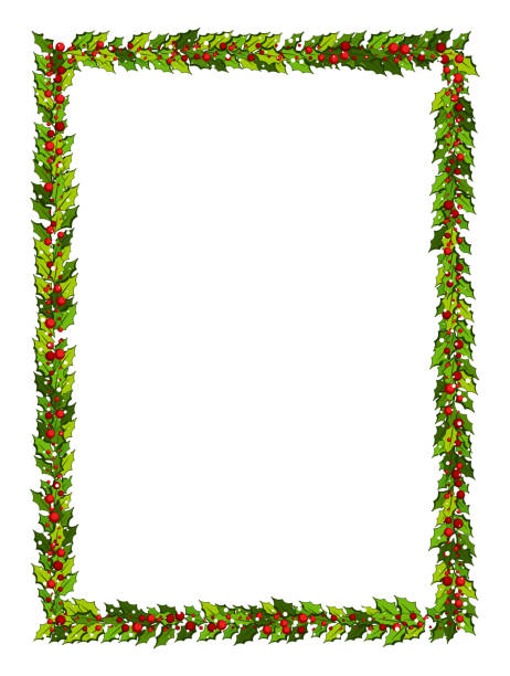 ilustrações de stock, clip art, desenhos animados e ícones de christmas decorations with holly leaves and red berries. vertical frame with copy space, - christmas wreath holiday holly