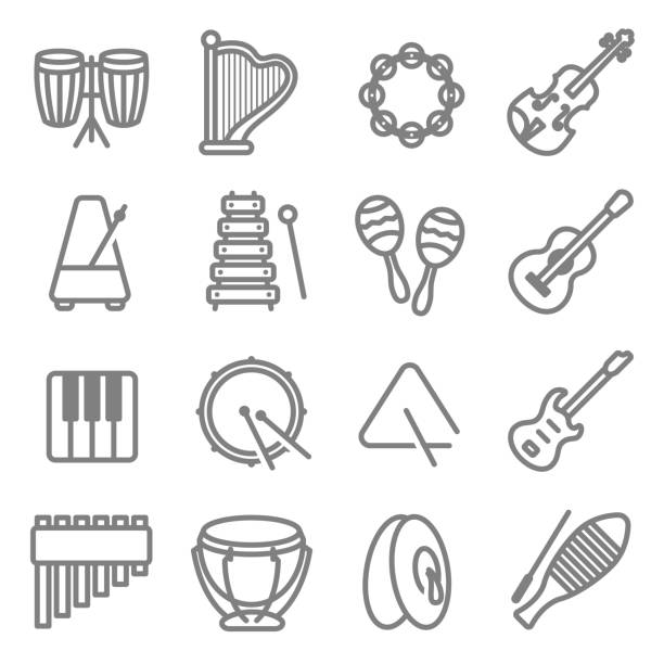 ilustrações, clipart, desenhos animados e ícones de música instrumento linha icon set vector. contém ícones como tambor, triângulo, violão, teclado, metrônomo, tamborim e muito mais. - caixa clara