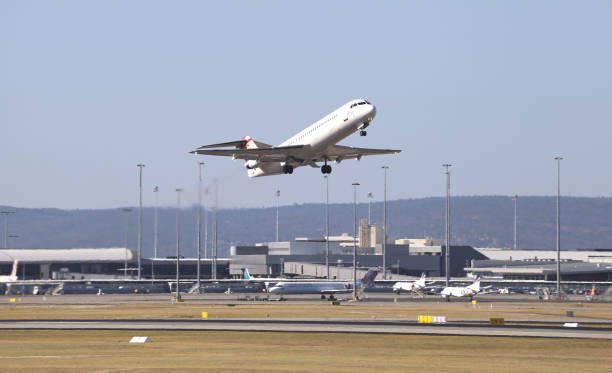 Perth Western Australia April 13 2017: Virgin Australia Regional Airlines (VARA) Fokker 100 departing Perth Airport in support of the fly in fly out FIFO mining industry
