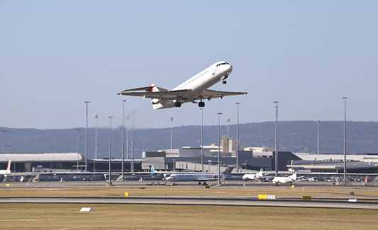 Perth Western Australia April 13 2017: Virgin Australia Regional Airlines (VARA) Fokker 100 departing Perth Airport in support of the fly in fly out FIFO mining industry