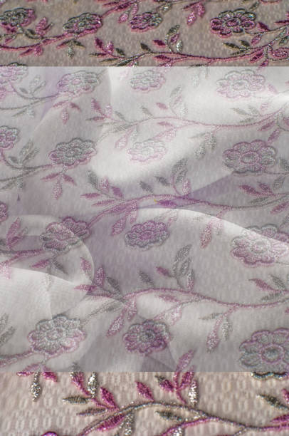 istock Texture, background, pattern. Pink lace on white background. Pink shiny background with white lace. Lacy pattern with flowers. Closed up Texture of Pink Lace for Background, Wallpaper 1065691132