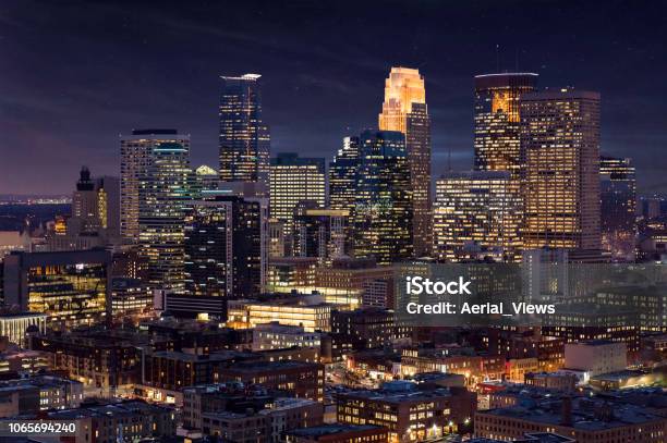Minneapolis Skyline By Night Stock Photo - Download Image Now - Minneapolis, Night, Urban Skyline
