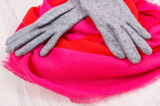暖かい女らしい手袋と秋や冬に使用してショールのペア - womanly ストックフォトと画像