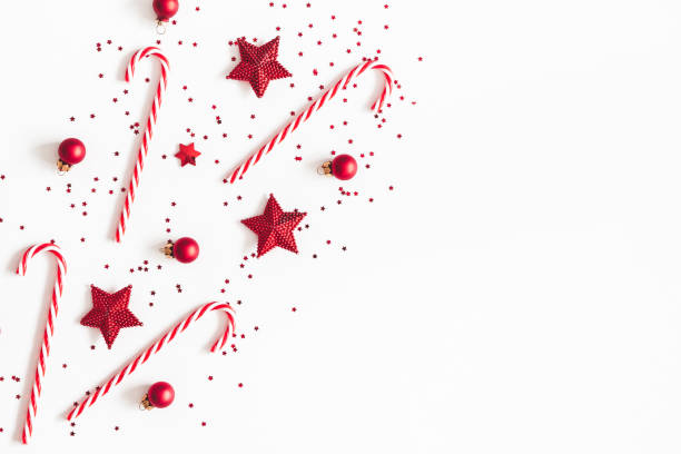 istock Christmas composition. Red decorations on white background. Christmas, winter, new year concept. Flat lay, top view, copy space 1065697758