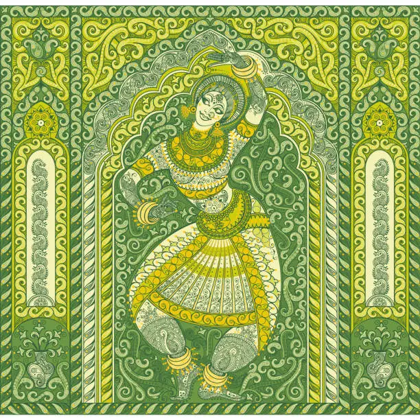 Vector illustration of girl dancing indian dance. decorative, ornamented illustration.