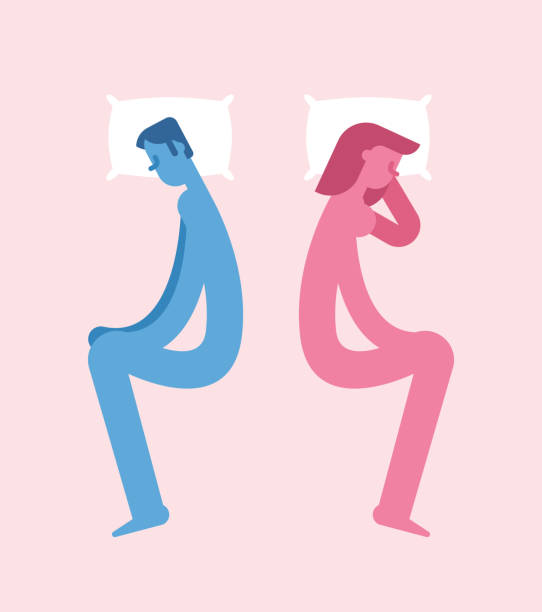 ilustraciones, imágenes clip art, dibujos animados e iconos de stock de sueño de los amantes de la pelea. hombre y mujer son dormir problema. desintegración de durmiente de novio y novia. pareja dormida en desacuerdo pose - despair depression adult boyfriend