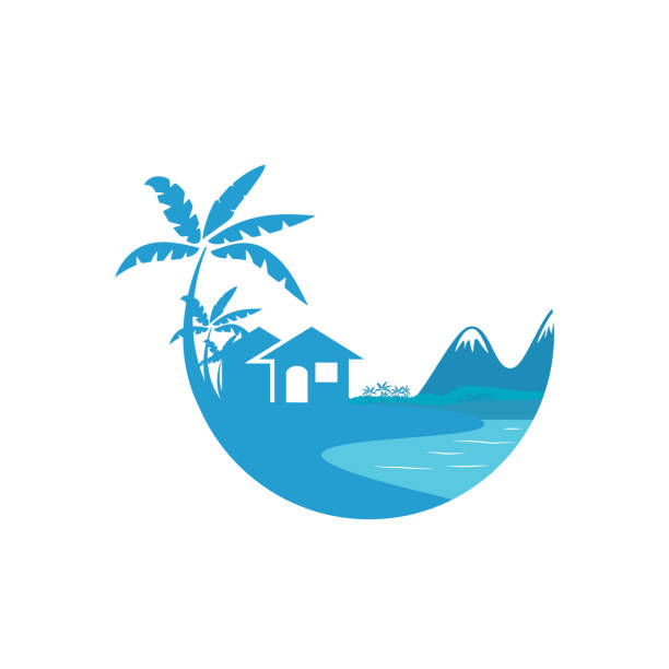 пляж и остров силуэт - hawaii islands tropical climate mountain residential structure stock illustrations