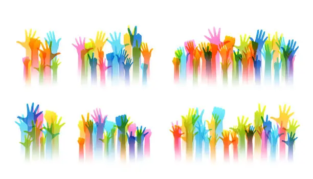 Vector illustration of Hands up silhouettes, dividers collection. Decoration element from rainbow raised hands. Conceptual illustration for festivals, concerts, social and tolerance public communities, education or volunteering.