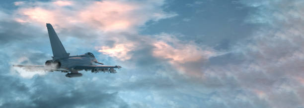 View of a fighter jet above the clouds with copy space. 3D render