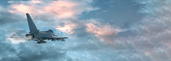 View of a fighter jet above the clouds with copy space. 3D render.