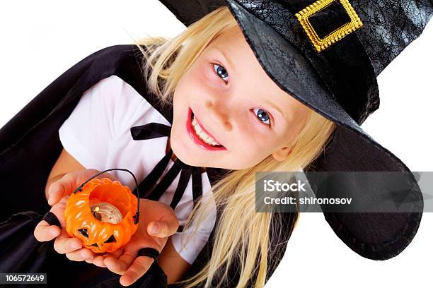 Young Girl Dresses In A Witchs Costume Stock Photo - Download Image Now - Girls, Hat, Black Color