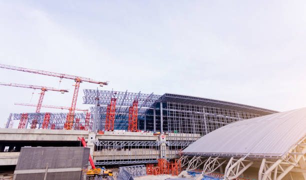 istock Under construction of metal steel framework outdoors buildings 1065730902
