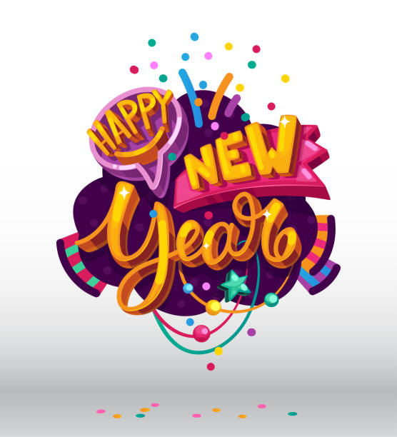 Happy new year color lettering Cartoon vector illustration new year's eve 2019 stock illustrations