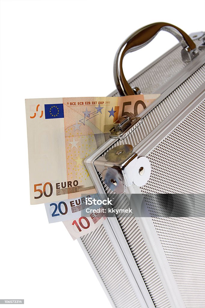 Euro cash in silver suitcase isolated  Aluminum Stock Photo