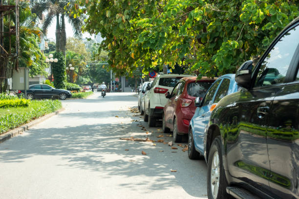 istock Parallel cars parking on street with green trees 1065735352