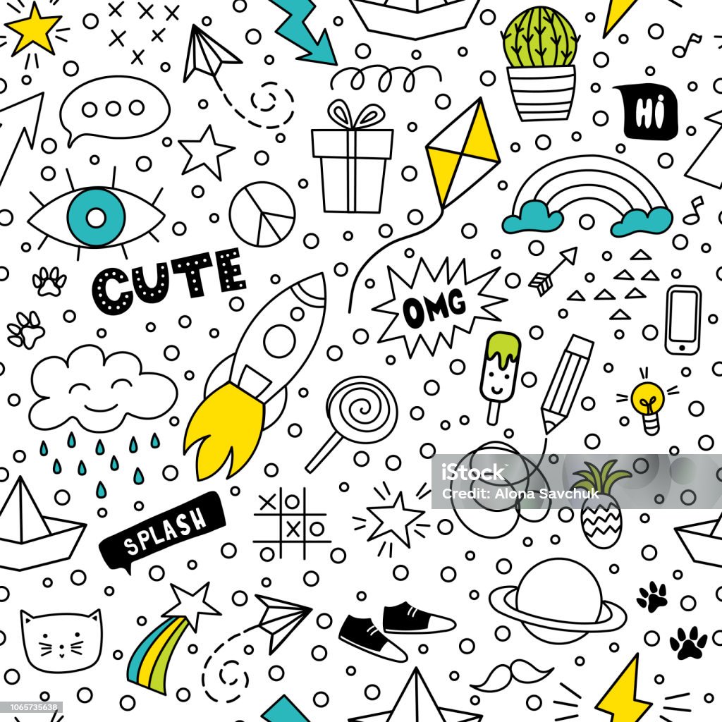 Set of cute and colorful doodle hand drawing on white background. - Royalty-free Criança arte vetorial