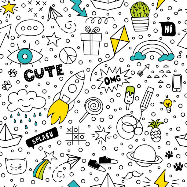 Set of cute and colorful doodle hand drawing on white background. Set of cute and colorful doodle hand drawing on white background. Vector seamless pattern. rocketship clipart stock illustrations