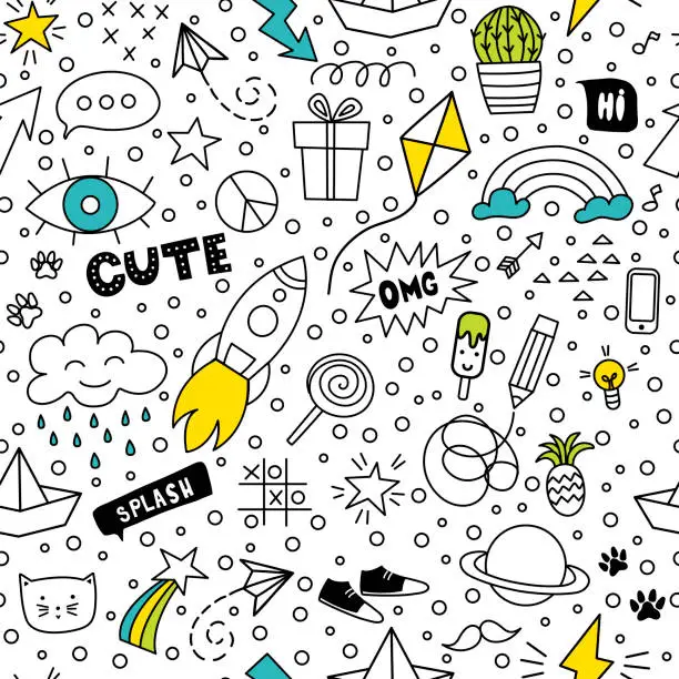 Vector illustration of Set of cute and colorful doodle hand drawing on white background.