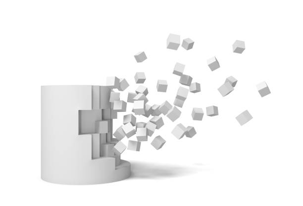 istock 3d rendering of a solid cylinder getting destroyed with pieces lying nearby. 1065740624