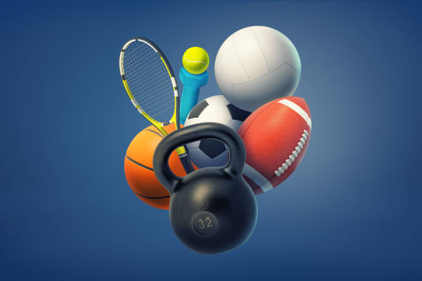 3d-rendering kettlebell, eine hantel, kugeln für american football, tennis, basketball, volleyball und fußball auf blauem grund. - tennis racket ball isolated stock-fotos und bilder