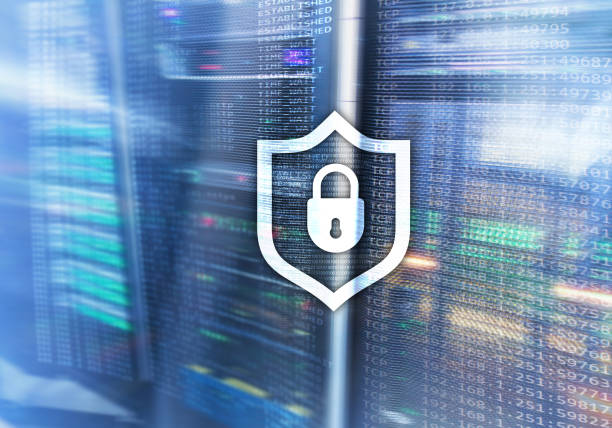 istock Cyber protection shield icon on server room background. Information Security and virus detection. 1065748182