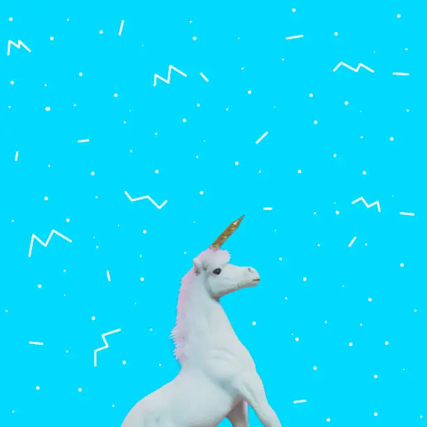 Unicorn with golden horn on blue background. Contemporary art collage. Concept of memphis style posters. Abstract surrealism and minimalism
