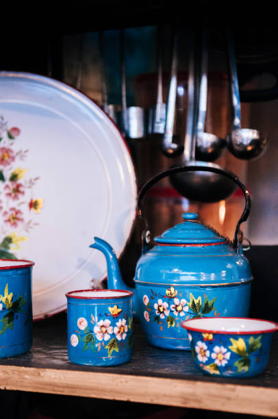 istock flower painted vintage old enamelware, Chinese blue enamelware pot 1065760954