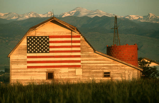 US Flag on an old abandoned barn stock photo