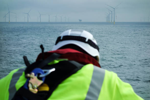 istock Offshore manual worker looking down from boat - wind-turbine 1065764660