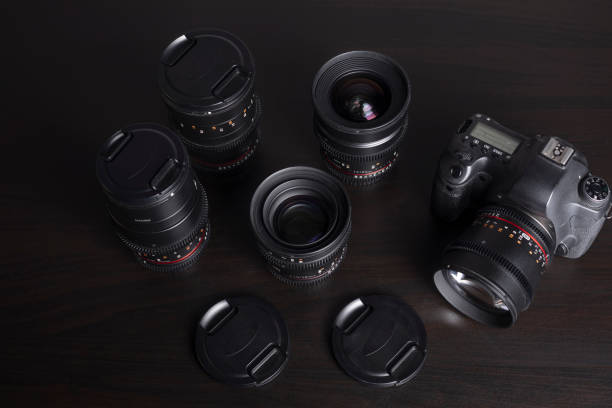 istock Top angle shot of DSLR Camera with lenses 1065775494