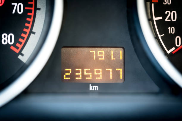 Digital car odometer in dashboard. Used vehicle with mileage meter. stock photo