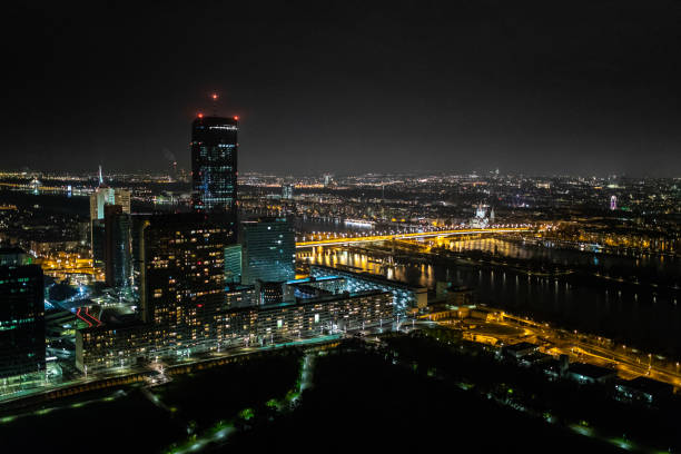 Vienna at sunset with Danube River & Island (Donauinsel).