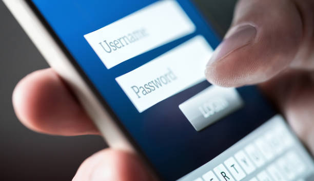 Login with smartphone to Username and password. Registration to website. Personal security. Online bank or personal information. Identity theft, scam or fraud.
