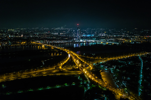 Danube river at night, panoramic view from Danube tower