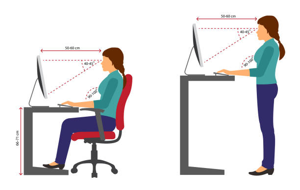 ilustraciones, imágenes clip art, dibujos animados e iconos de stock de mujeres de ergonomía corrección sentado y de pie postura cuando utilice un equipo - sitting upright