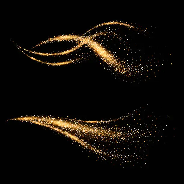 Vector illustration of Dynamic golden waves. Shimmering star dust trail. Abstract motion. Magic swirl lines